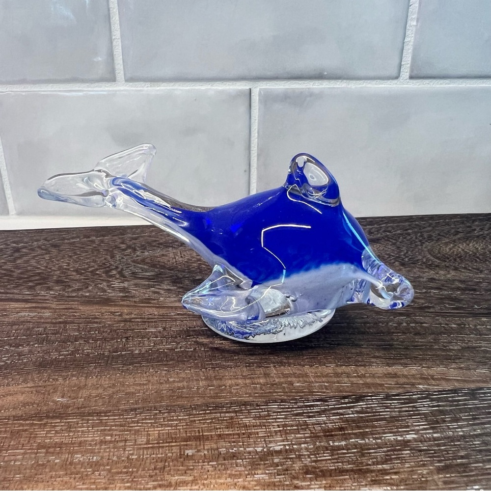 Dolphin Glass Paperweight, blue and clear glass paperweight